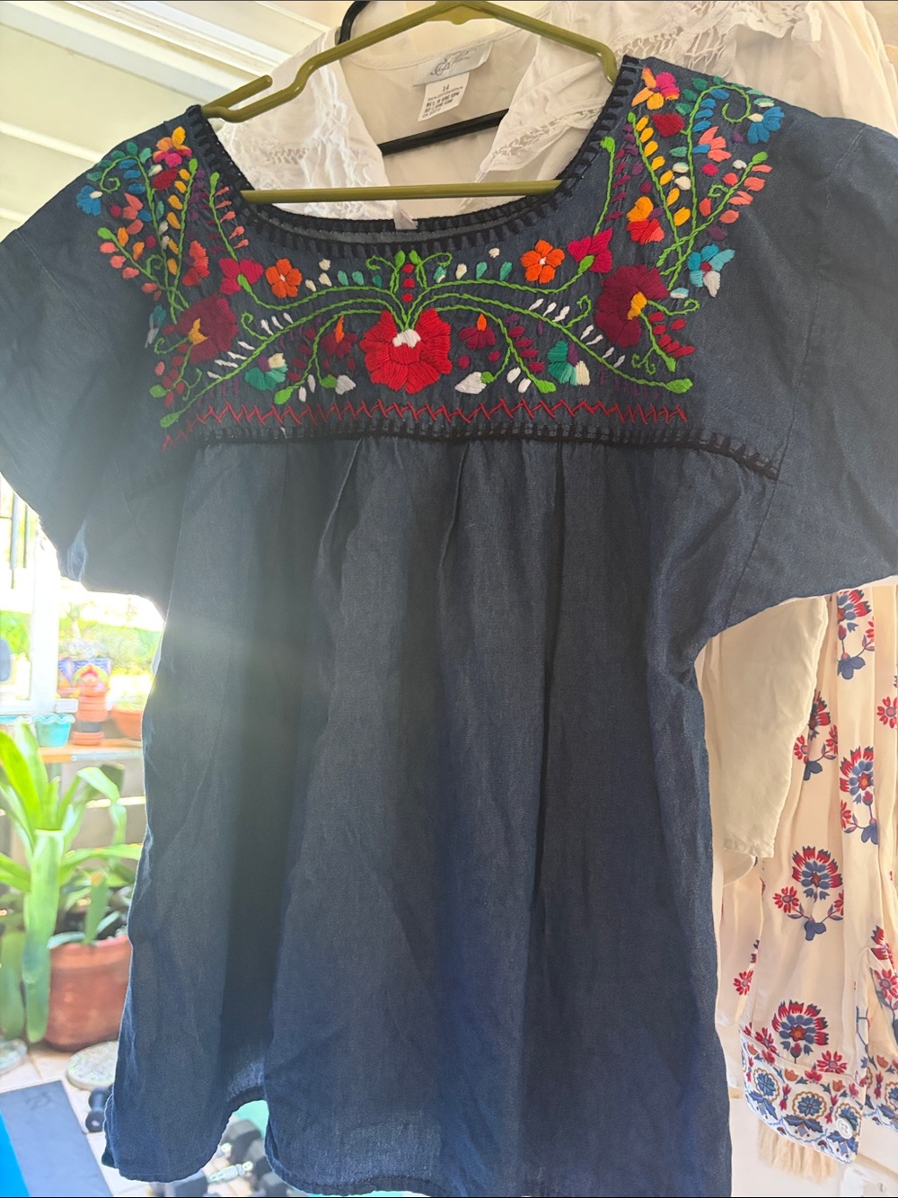 Chambray blue Embroidered Floral Peasant Top